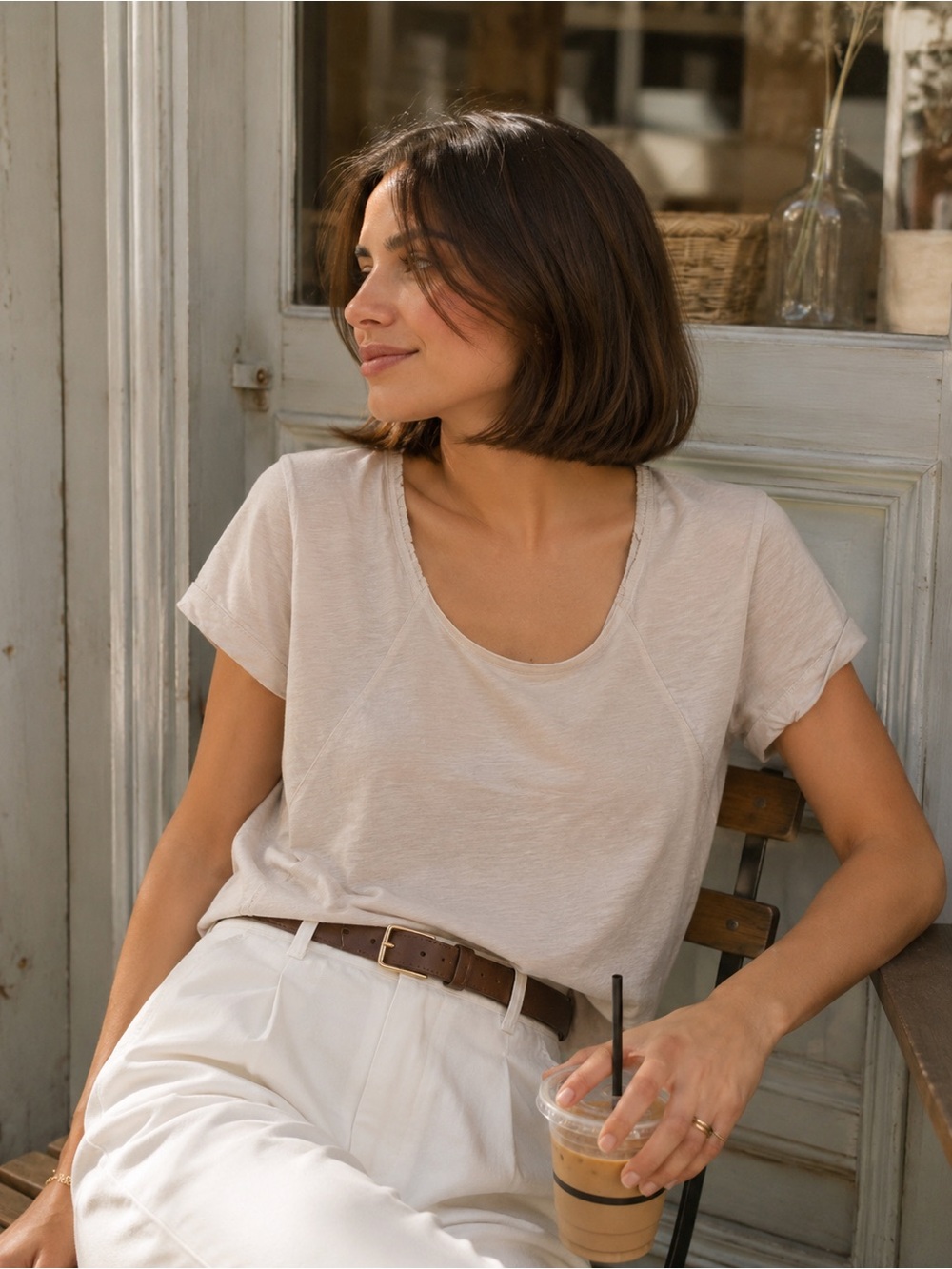 Stefanel Neutral Cream Scoop Neck Short Sleeve Tee